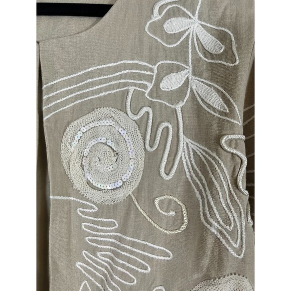 Retro Floral Linen Jacket M Tan Preppy Classic Chic Sequin Artsy Boho Western - Picture 4 of 14